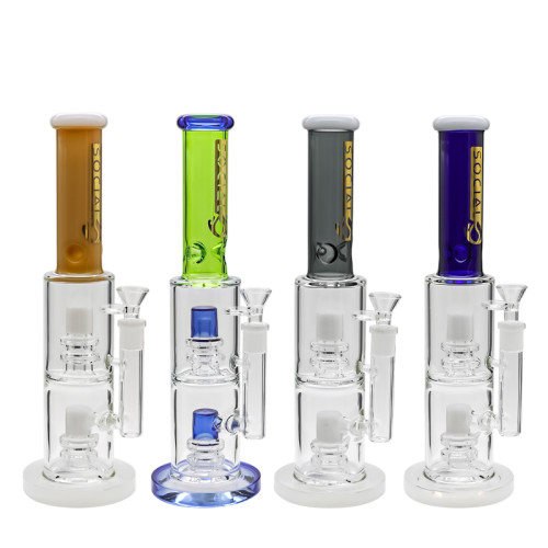 12 INCH SOCIAL "MERLIN" 2 BULB PERCOLATOR STRAIGHT GLASS WATER PIPE 690GM - WHITE & YELLOW  
