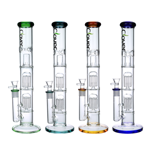 15.5 INCH CLOVER GLASS DOUBLE TREE PERCOLATOR WATER PIPE 980GM  GOLD    