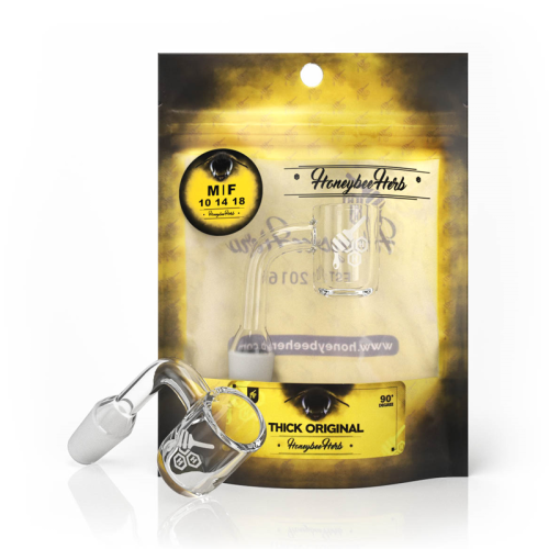 HONEY BEE YELLOW LINE 18MM MALE 90° QUARTZ BANGER – CHOOSE