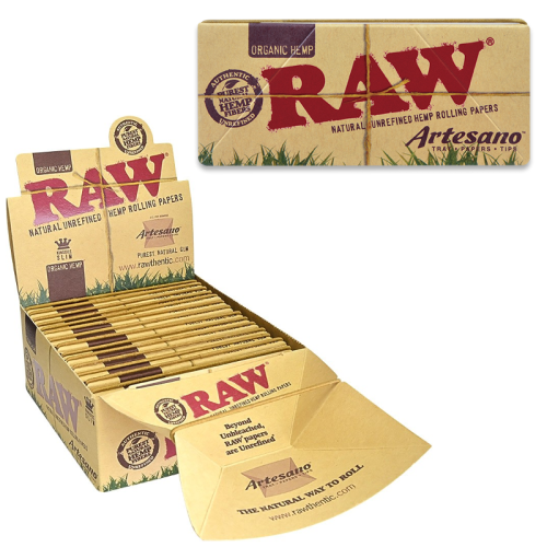 RAW ORGANIC ARTESANO KINGSIZE SLIM PAPERS + TIPS + TRAY 15CT/PK 